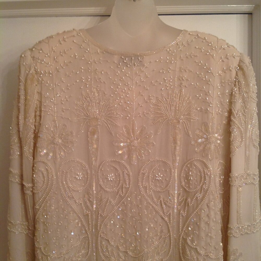 NWT Vintage Laurence Kazar Off White Creme Beaded Sequin Evening Jacket 1X - Picture 7 of 14